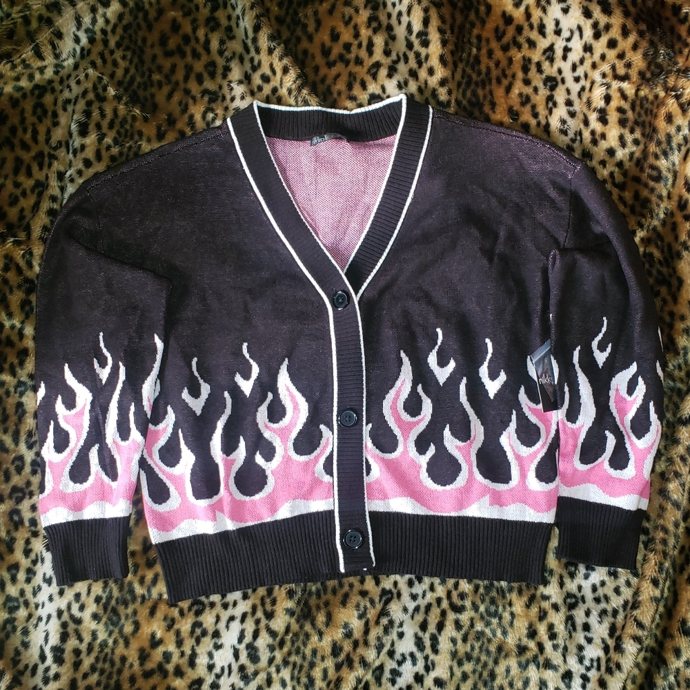 HOT PINK FLAME FLAMES CARDIGAN Y2K GOTH PUNK XL NIKKAK RAVE GLAM ROCKABILLY